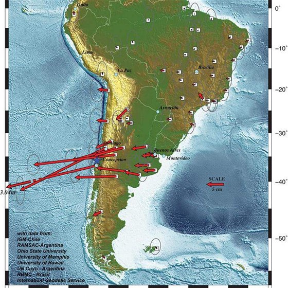 ipky vektorov ukazují, jaké místo Jiní Ameriky se o kolik posunulo pi chilském zemtesení.