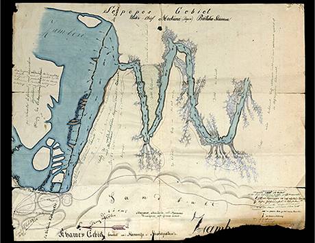Podrobn mapa Viktoriinch vodopd na ece Zambezi, jak si j kolem roku 1886 zakreslil cestovatel Emil Holub.