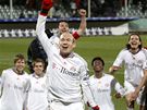 Arjen Robben z Bayernu Mnichov v ele oslav postupu do tvrtfinle Ligy mistr pes Fiorentinu,