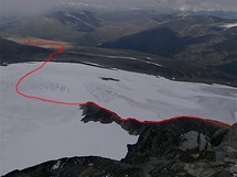 Norsko. Pohled z pod vrcholu Galdhoppigenu na vstupovou trasu 2