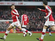Denilson (vlevo) a Cesc Fabregas, fotbalist Arsenalu, se raduj z glu