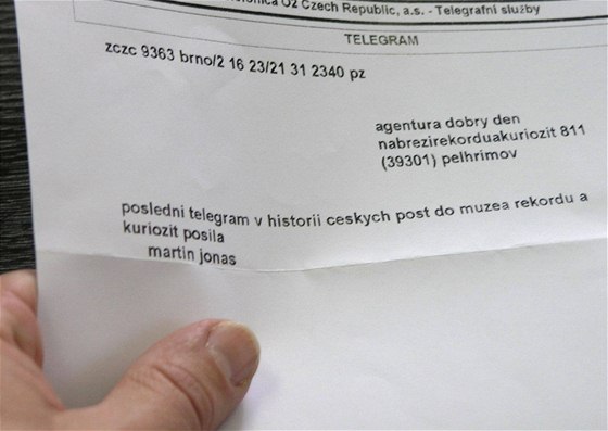 Poslední podaný telegram v esku putoval z Brna do Pelhimova