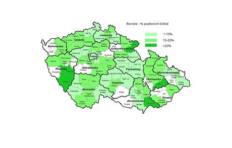 Mapka zobrazujc procenta pozitivnch nlez z kl횝at laboratorn vyetench na danou infekci tmem Dr. Burkov v letech 2006 a 2009. 