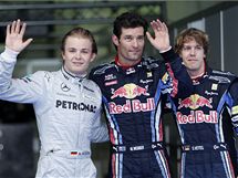 Zleva: Rosberg, Webber, Vettel - mezi temi nejlepmi v kvalifikaci Velk ceny Malajsie opt nechybli zstupci Red Bullu, jen pibyl Rosberg z Mercedesu.