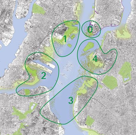 Mapa pstavn oblasti New York s rozdlenm do zn, pro kter vypracovali architekti nvrhy