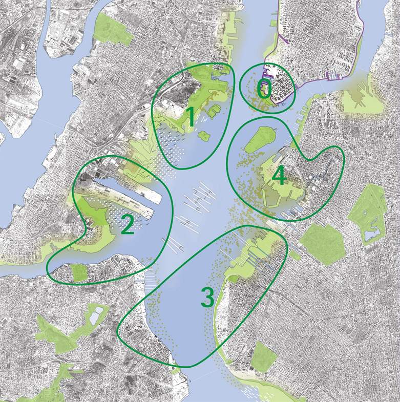 Mapa pístavní oblasti New York s rozdlením do zón, pro které vypracovali architekti návrhy