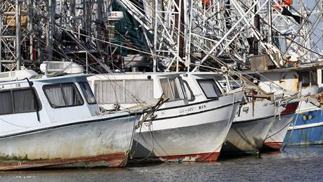 Rybáské lod ukotvené v pístavu v Venice. Jejich majitelé se obávají z blíící se ropné skvrny. (29. dubna 2010)