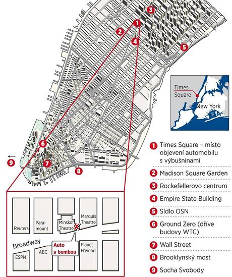 Mapa okol Times Square na Manhattanu v New Yorku.