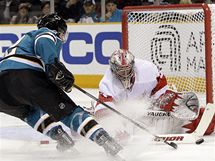 Brank Detroitu Jimmy Howard el njezdu Patricka Marleaua ze San Jose. 