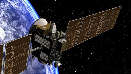 Vizualizace sondy Dawn jet u Zem. Sonda míí do pásu asteroid mezi Marsem a Jupiterem.
