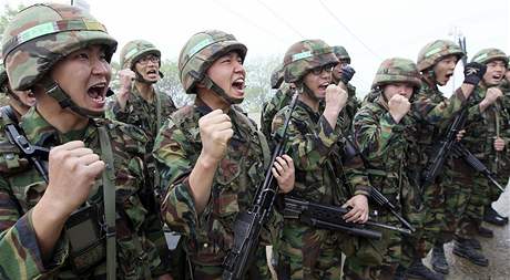 Jihokorejt vojci nacviuj obranu proti ppadnmu tok severokorejsk armdy. (25. kvtna 2010)