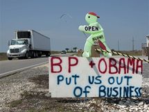 Npis demonstrujc proti pstupu spolenosti BP a prezidenta Obamy k ropn katastrof v Mexickm zlivu, jak ho nkdo postavil v Grand Isle v Louisian (29. kvtna 2010)