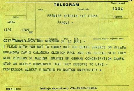 Jednou z nejvznamnjch osobnost, kter podaly prezidenta Gottwalda a pedsedu vldy Zpotockho o udlen milosti pro Miladu Horkovou a dal ti odsouzen k trestu smrti, byl fyzik a filozof Albert Einstein.