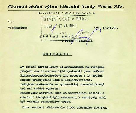 Rezoluce oban Prahy 14 sepsan po vyslechnut refertu prokurtorky Ludmily Broov, kter poaduje, aby tyi odsouzen k smrti byli co nejrychleji popraveni.
