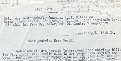Dopis Adolfa Hitlera prodejci voz Mercedes z landsbergskho vzen