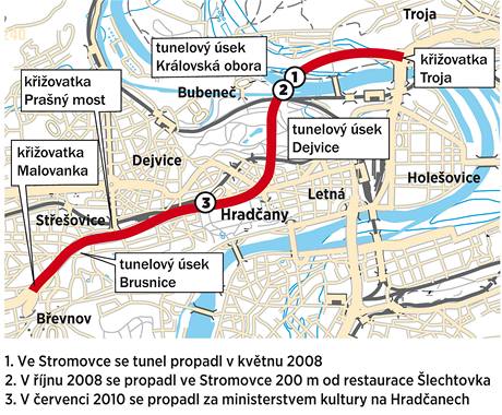 Mapa mst, kde se propadl tunel Blanka.