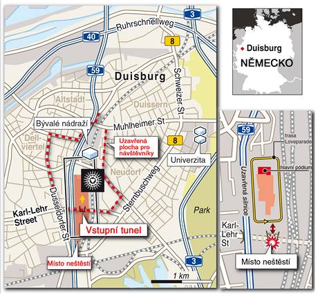 Mapa netst na Loveparade v nmeckm Duisburgu.