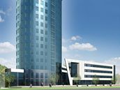 Vizualizace osmnctipatrov budovy vysokokolskho kampusu na Td Kosmonaut v Olomouci.