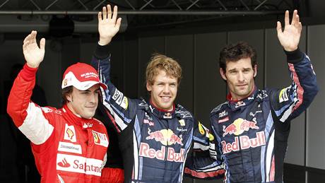 Po kvalifikaci na Velkou cenu Maarska - Fernando Alonso, Sebastian Vettel a Mark Webber (zleva).