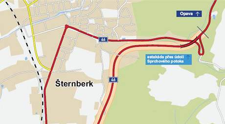 Plánovaná trasa ternberského obchvatu, se kterou ada obyvatel nesouhlasí. Po kliknutí se zobrazí kompletní mapa.