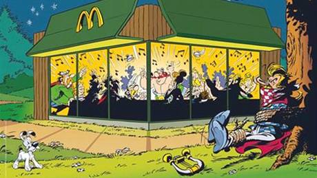 Francouzský kreslený hrdina Asterix v reklamě sítě rychlého občerstvení McDonald's. Francouzský kreslený hrdina Asterix v reklamě sítě rychlého občerstvení McDonald's.