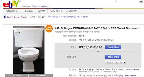 Záchod spisovatele Salingera na aukním portálu eBay (21. srpna 2010)