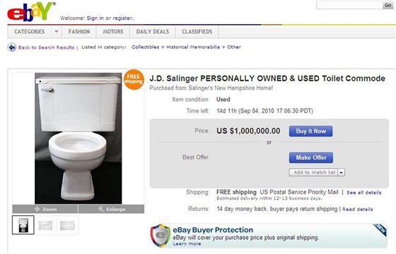 Záchod spisovatele Salingera na aukním portálu eBay (21. srpna 2010)