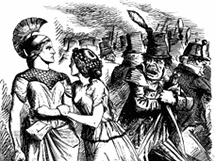 Mocn Britnie chrn svoji slabou sestru Hibernii ped zucmi Feniny. Britsk karikatura z roku 1866.