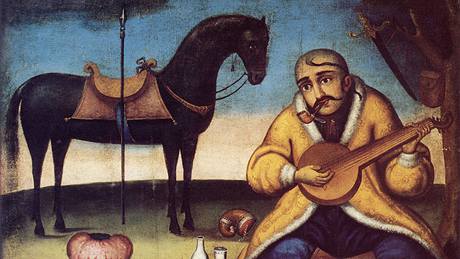 Ukrajinský lidový hrdina kozák Mamaj s nezbytnou kobzou a dýmkou