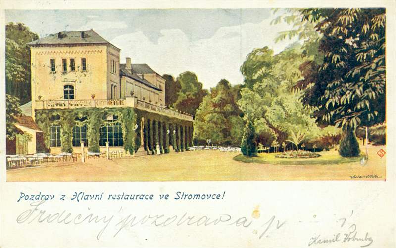Zahradní restaurace Nebozízek na pohlednici vydané kolem roku 1930.