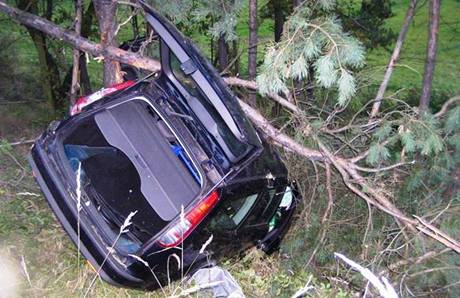 idi auta znaky Ford Mondeo havaroval na 68. kilometru dlnice D1 ve smru na Prahu a skonil v lese mimo komunikaci