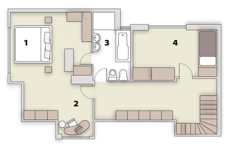 2. podlaí bytu: 1/ lonice, 2/ pracovna, 3/ koupelna, 4/ pokoj pro hosty