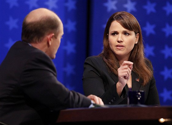 Demokratický kandidát do Senátu Rick Coons a republikánská protikandidátka Christine O´Donnellová v televizní debat (13. íjna 2010) 