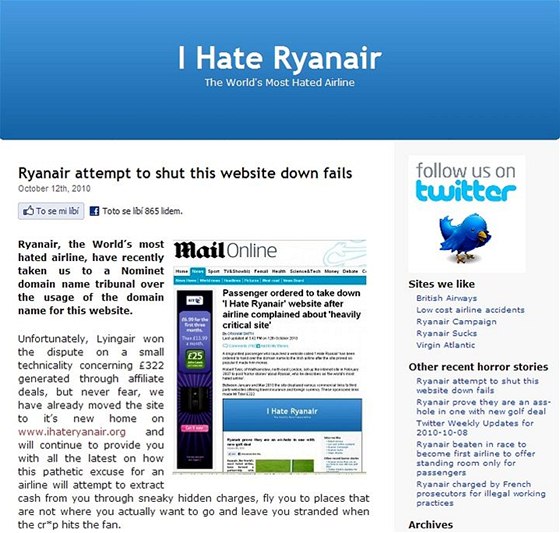 Webové stránky Nenávidím Ryanair