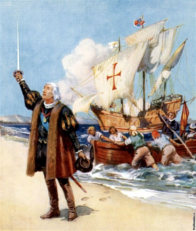 Krytof Kolumbus se vylouje v Americe roku 1492. Plátno, obraz neznámého malíe 