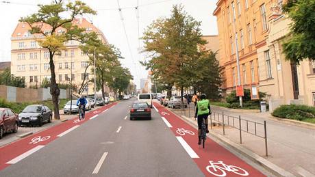 Vizualizace Kounicovy ulice s pruhy cyklostezky Vizualizace Kounicovy ulice s pruhy cyklostezky