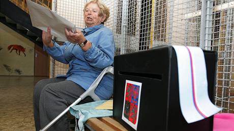 84letá Libue Lulkoviová nemohla vyjít schody, proto jí volební komise na Základní kole Arménská v Brn snesla volební urnu. (15. íjen 2010)