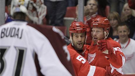 Branká Colorada Peter Budaj kapituloval, z gólu Detroitu se radují Johan Franzen (vpravo) a Todd Bertuzzi