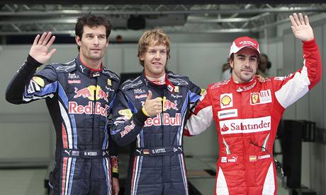 Nejlep v kvalifikaci na Velkou cenu Koreje: Mark Webber, Sebastian Vettel, Fernando Alonso.
