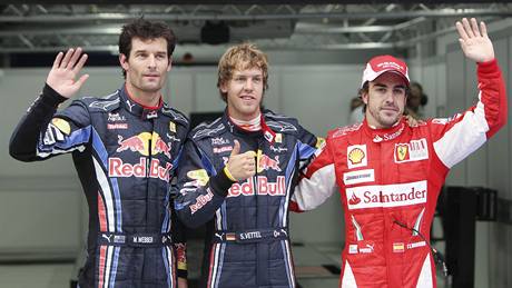 Nejlepí v kvalifikaci na Velkou cenu Koreje: Mark Webber, Sebastian Vettel, Fernando Alonso.