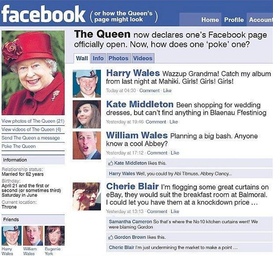 Královnin facebookový profil v pedstavách britského deníku Daily Mail
