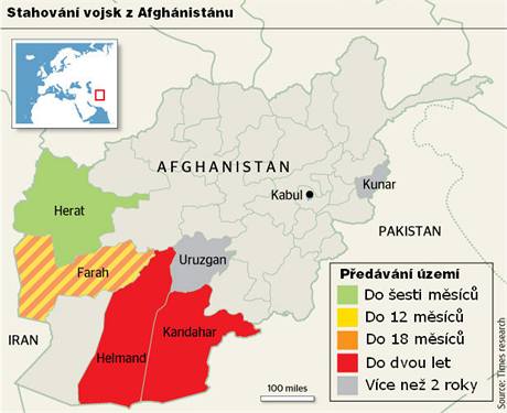 Mapa afghnskch provinci vybarven podle toho, za jak dlouho pedaj spojenci kontrolu afghnskm jednotkm