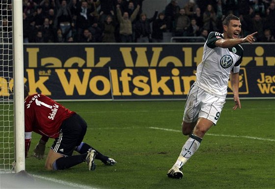KANONÝR. Edin Deko z Wolfsburgu oslavuje svou branku do sít Schalke 04.