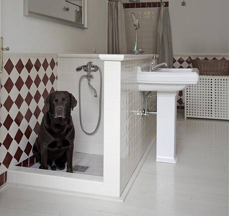 Koupelna je vybavena sprchou pro psy, jej vybaven stejn jako zbytek koupelnovho zazen nese znaku Villeroy & Boch