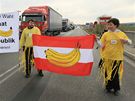 Zhruba dvactka aktivist v "bannovch" kostmech zastavila na 15 minut provoz na hranici s Rakouskem v Mikulov. (15. listopad 2010)