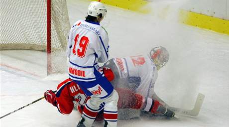 Momentka z utkání 1. hokejové ligy. Tebíský branká Francouz zasahuje proti havlíkobrodskému soupei. 