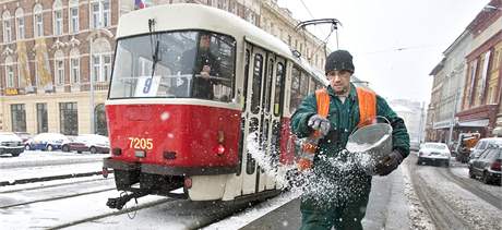 Zamstnanec Dopravního podniku sype sl na tramvajové zastávce v Praze 5. (29. listopadu 2010)