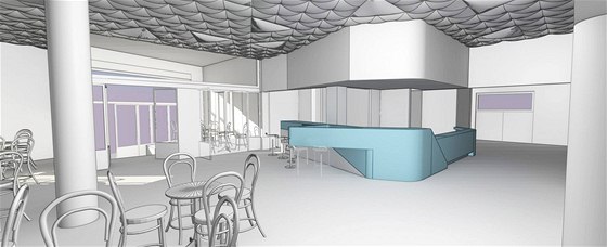 Vizualizace kavárny, která má vzniknout v prostoru pedsálí kina Metropol. Autorem návrhu je olomoucký architekt Petr Jakík.