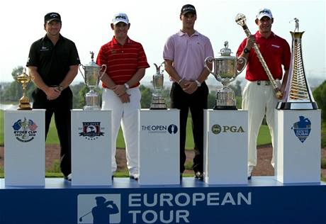 Golfov trofeje a jejich majitel. Zleva: Ryder Cup, Graeme McDowell, US Open Cup, Louis Oosthuizen, Claret Jug, Martin Kaymer, Wannamaker Trophy, Lee Westwood s Dubai World Championship, Race To Dubai Trophy.