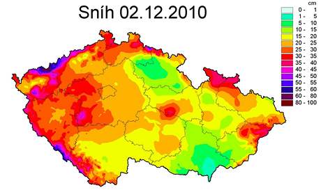 Mnostv snhu k 2. prosinci 2010